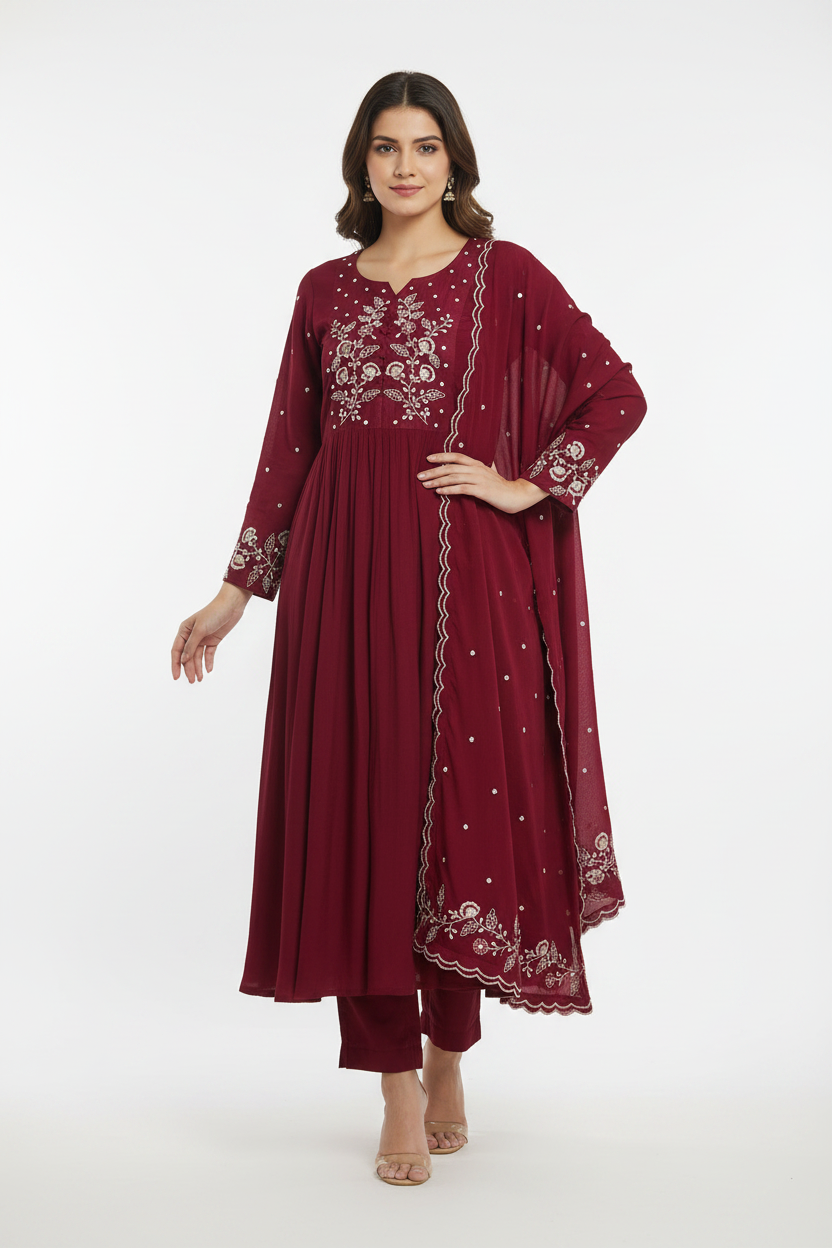 Maroon embroidered 3 piece kurta set for women with pant and dupatta